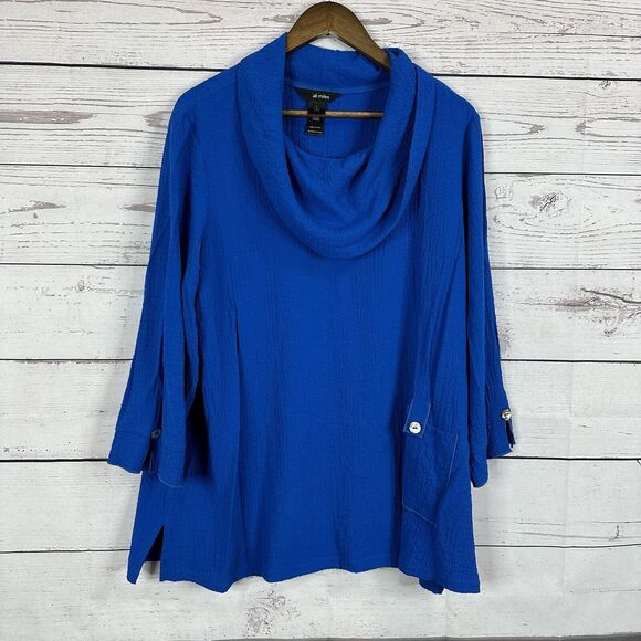 Ali Miles Top Shirt Womens Large Blue Textured Cowl Art Abstract Blouse - Picture 1 of 12